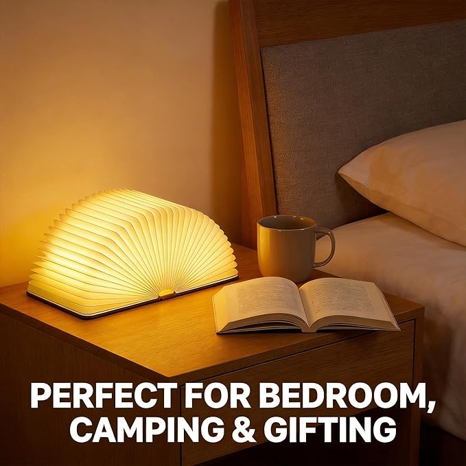 XIUDI 8 Colors Folding Book Lamp,Upgraded Version Portable Book-Shaped Desk Light,Novelty LED Paper Lantern with USB Rechargeable Night Light,Large Wood (Size 8.6×6.3×1in)
