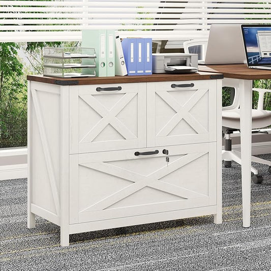 Lateral File Cabinet with 3 Drawers, Farmhouse File Cabinet with Lock for Letter/Legal/A4 Size Hanging Files, Wood File Storage Cabinets Printer Stand for Home Office Cabinets, Rustic White and Brown