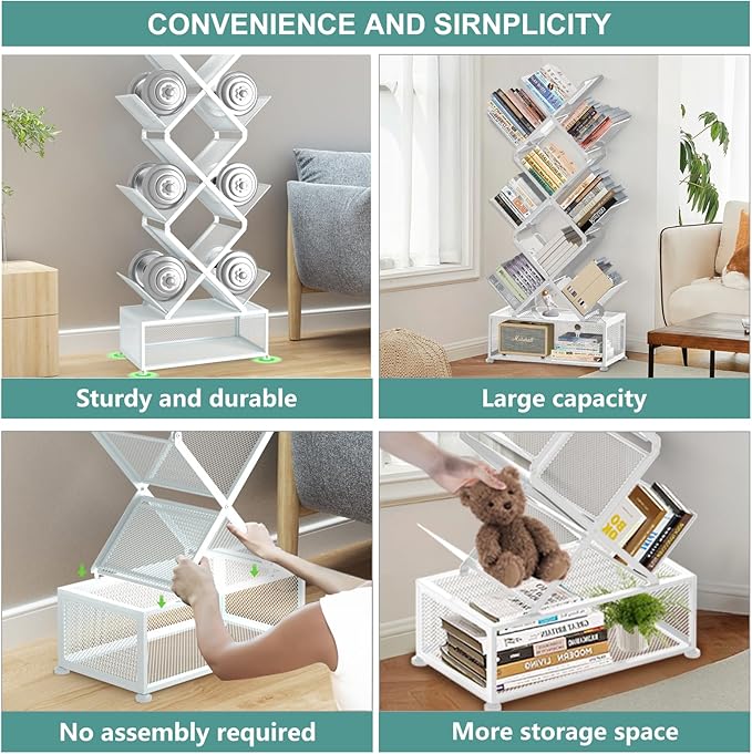 HI NINGER Tree Bookshelf,9 Tier Folding Bookshelf with Storage Cabinet, Tall Narrow Bookshelves Organizer,Bookcase Tower,Tall Floor Standing Book Organizer for Living Room/Bedroom/Home Office/Corner