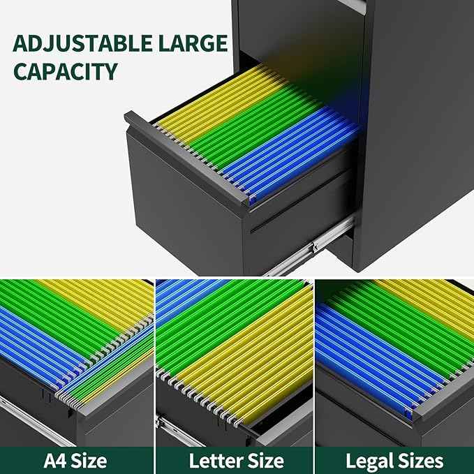 4 Drawer File Cabinet with Lock, Metal Vertical File Cabinets for Home Office, Office Furniture for Organization Hanging Legal/Letter/A4, Office File Cabinet Storage Cabinet, Require Assembly, Black