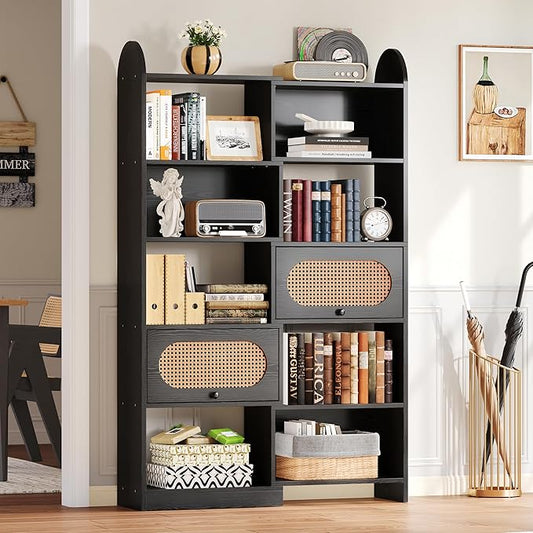 IRONCK Bookshelf and Bookcase with 2 Rattan Design Flip-top Storage Cabinets, 6 Tier 8 Cube Bookcases Storage Shelves Organizer for Living Room, 43.3" Black