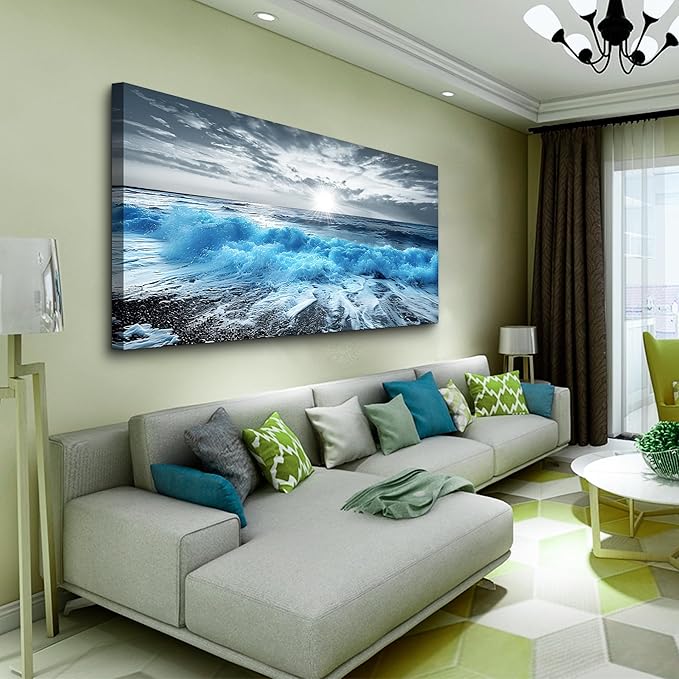 Lapremoly Framed Wall Art For Living Room Large Canvas Wall Decor For Office Blue Beach Painting Ocean Sea Waves Wall Pictures Bedroom bathroom Home Decorations Prints Posters Mural Artwork 20"X40"