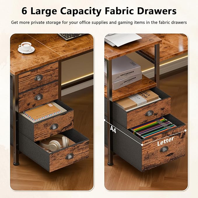 Furologee 66" Reversible L Shaped Gaming Desk with 6 Drawers & Printer Storage Shelves, Corner Computer Desk with Power Outlets & LED Lights, Home Office Table with Monitor Stand, Rustic Brown
