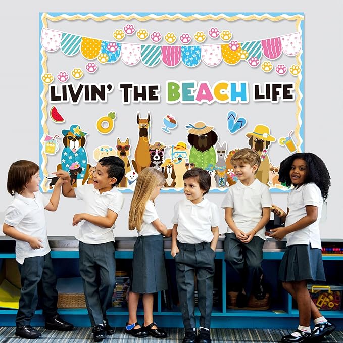 Summer Dog Bulletin Board Decorations Hawaiian Dog Theme Classroom Back to School Bulletin Board Border Set Cute Puppy Pet Dog Paw Paper Cutouts for School Chalkboard Supplies Wall Decor