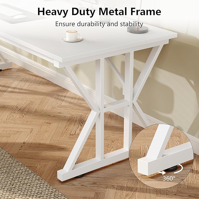 TVU Computer Desk, 63 inch Large Office Desk, Study Writing Table with Thicken Frame, Gaming Desk, Modern Simple Desk for Home Office, White