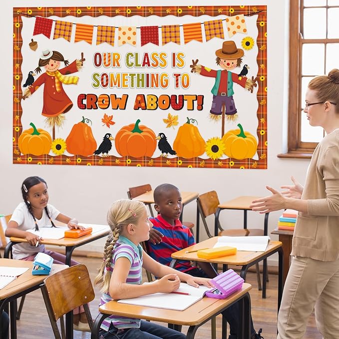 Fall Bulletin Board Decorations Set Scarecrow Crow Classroom Decor Pumpkin Maple Leaf Paper Cutouts for Thanksgiving Autumn Party Motivational September School Classroom Chalkboard Wall Supplies Favor