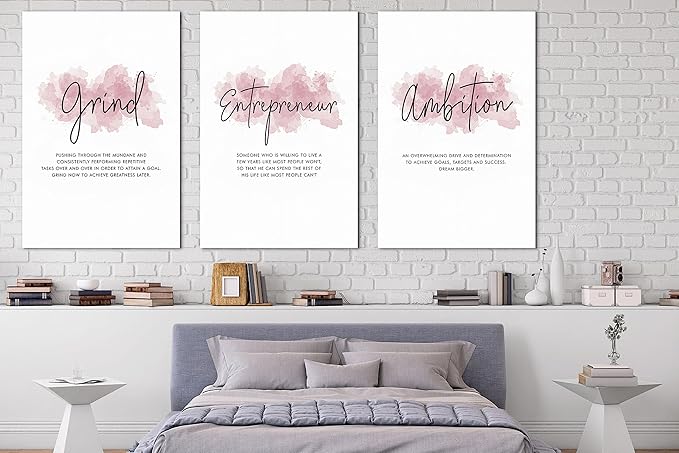 SHMAO Pink Office Canvas Wall Art Motivational Wall Decor, 3 Piece Grind Entrepreneur Ambition Pictures for Office Wall Decor Women Inspirational Framed Artwork Home Office Decor 24”x36”x3 Panels