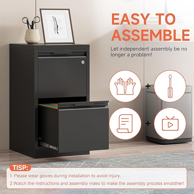 2 Drawer File Cabinet with Lock,Black Metal Filing Cabinets,Steel Vertical Fit Hanging Files, Letter,File Box and A4 Documents-Assembly Require