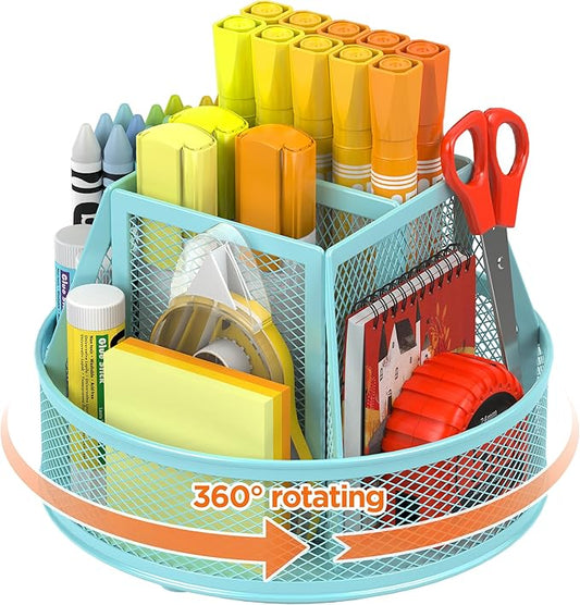 Docnest Mesh 360 Degree Rotating Pen Holder with 6 Compartment,Metal Pencil Cup Art Supply Storage Box Caddy,Teacher Stationery and Dorm Supplies Desk Organizer for Pencil,Sticky Note,Scissors-Blue
