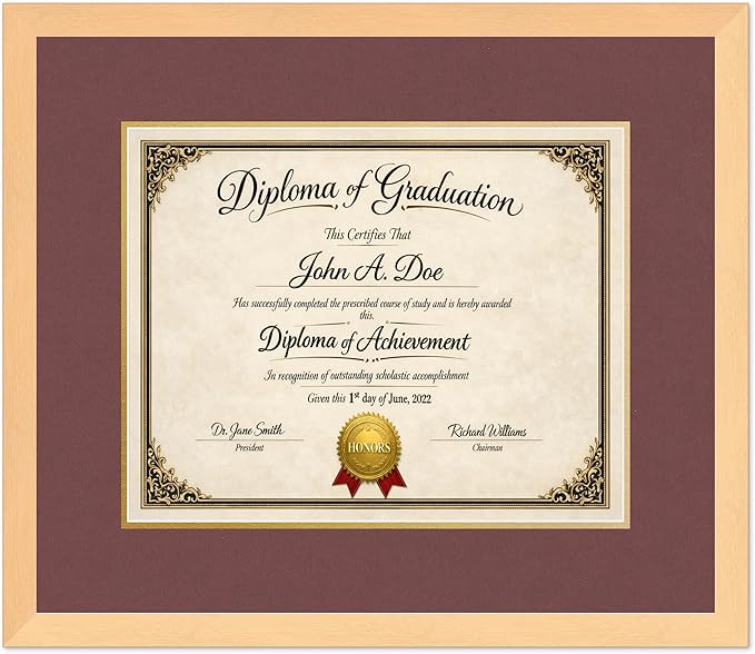 Diploma Frame Natural Wood with Dark Red Over Gold Double Mat - Fits 15 x 12 Military/Government Wall Display Made in the USA