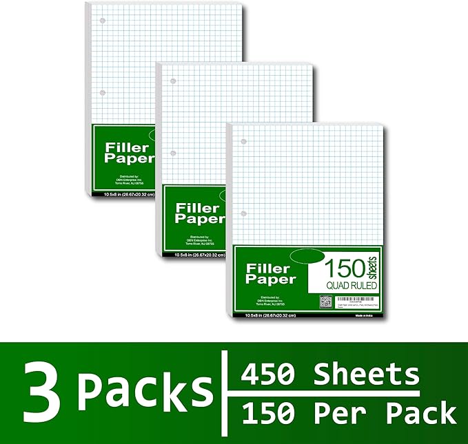 AUKSales Loose Leaf Paper, Quad Ruled Filler Paper | 450 Sheets, 150 Sheets in each case | 3-Hole Punched, 10-1/2’’ x 8’’ Perfect for Notetaking | Case Pack of 3