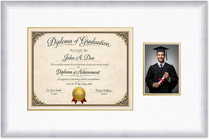 Diploma Frame With Photo Opening Stainless Silver Oyster Shell Over Gold Mat - Fits 14 x 11 Degree and Picture Made in the USA
