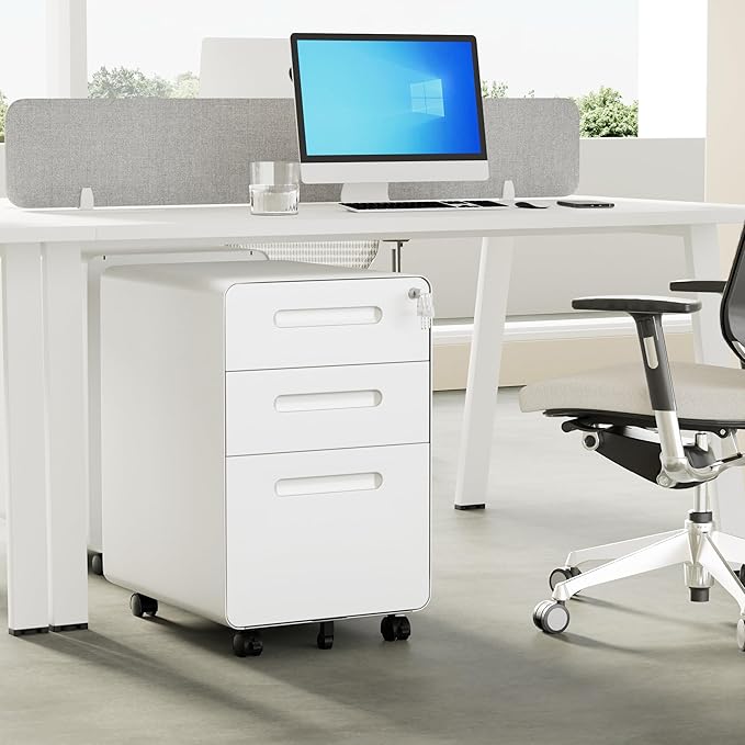 3 Drawers File Cabinet, Mobile Filing Cabinet with Lock, with 25 File Folders, Steel, Fully Assembled Except Casters, for Home Office, White