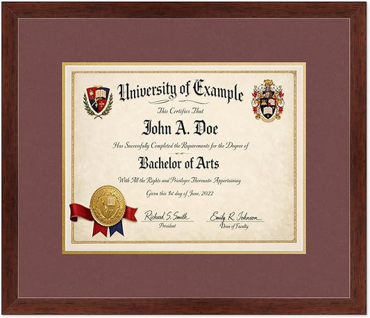 CountryArtHouse Diploma Frame Fits 14 x 11 College Diploma (Modern) - Keepsake Graduation Display Rustic Walnut Genuine Hardwood with Dark Red Over Metallic Gold Double mat