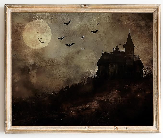 Kizbok Moody Halloween Wall Art Prints, Spooky Haunted House Landscape Canvas Painting, Gothic Halloween Pictures Wall Decor, Vintage Dark Academia Decor for Bedroom Gallery Bathroom - UNFRAMED