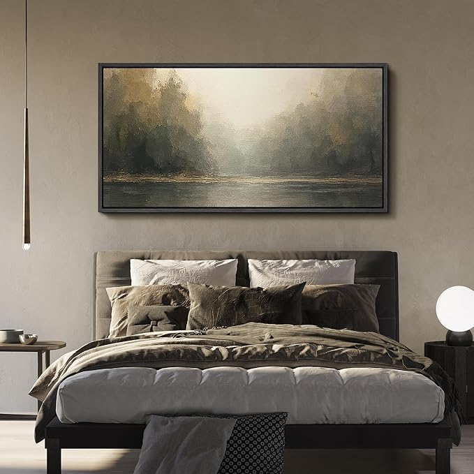 SIGNFORD Extra Large Framed Canvas Foggy Forest River Morning Illustrations Modern Art Calm Warm for Living Room, Bedroom, Office - 60"x30"