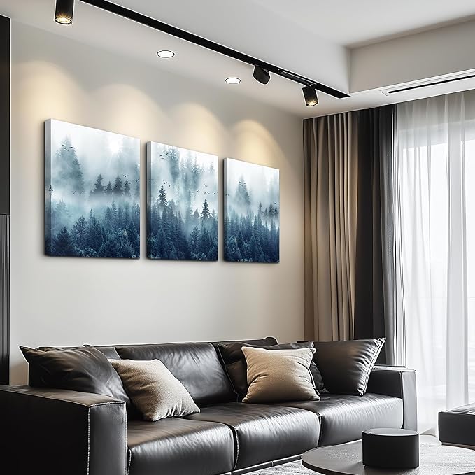 Misty Forests 3-Piece Framed Canvas Wall Art - Trees Landscape Pictures for Living Room, Bedroom, Office - Modern Wall Posters Home Decor