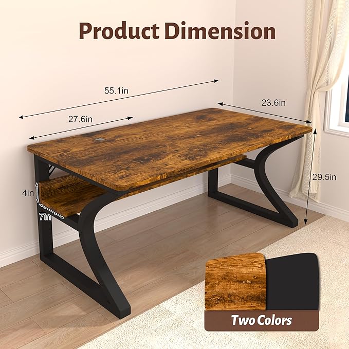Computer Desk 55 x 23.6 Inch Home Office Desk, Large Modern Computer Desks with Storage Shelf, Metal Frame Work Study Writing Office Desk with Cable Hole, Wide Desk for PC & Monitors (Brown, 55)