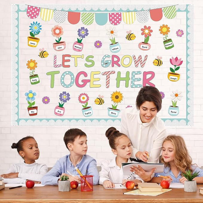 Pajean Spring Bulletin Board Let's Grow Together Classroom Decorations Growth Potted Plant Flower Paper Cutouts for Wall Door Window Home Elementary Preschool Teacher Supplies