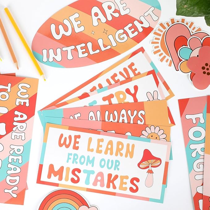 Groovy Welcome Back to School Bulletin Board Classroom Decoration Boho Retro Amazing Things Happen Here Bulletin Board Affirmation Station Positive Encouraging Paper Cutout for School Class Wall Decor