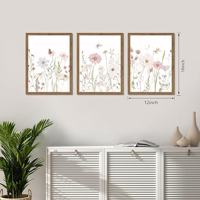 Framed Wildflower Wall Art Set of 3, Pink Floral Canvas Wall Decor Pictures, Vintage Flower Botanical Paintings, Nursery Flowers Butterfly Posters Prints for Bedroom Living Room 12x16 Inch