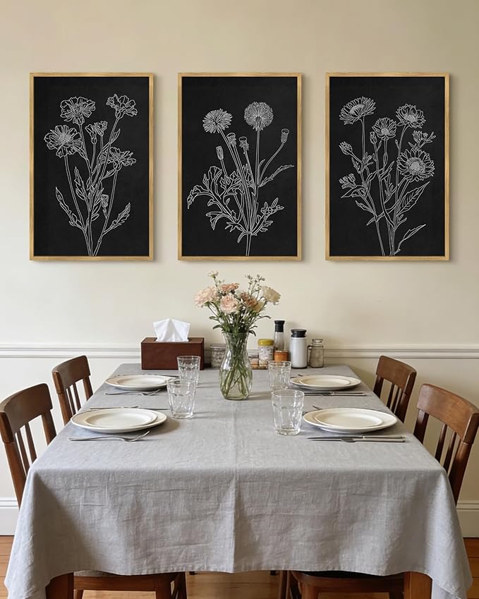 Drsoum Black White Flower Wall Art Vintage Minimalist Floral Wall Hanging Decor Bohemain Botanical Prints Artwork for Bedroom Living Room Hallway 16x24in Natural Framed