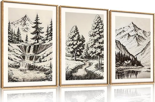 HOURIA Vintage Sketch Pine Tree Mountain Framed Canvas Wall Art Set,Moody Retro Antique Wilderness Botanical Ridge Decor,Modern Natural Black White Artwork for Living Room,Bedroom,Farmhouse- 16"x24"x3