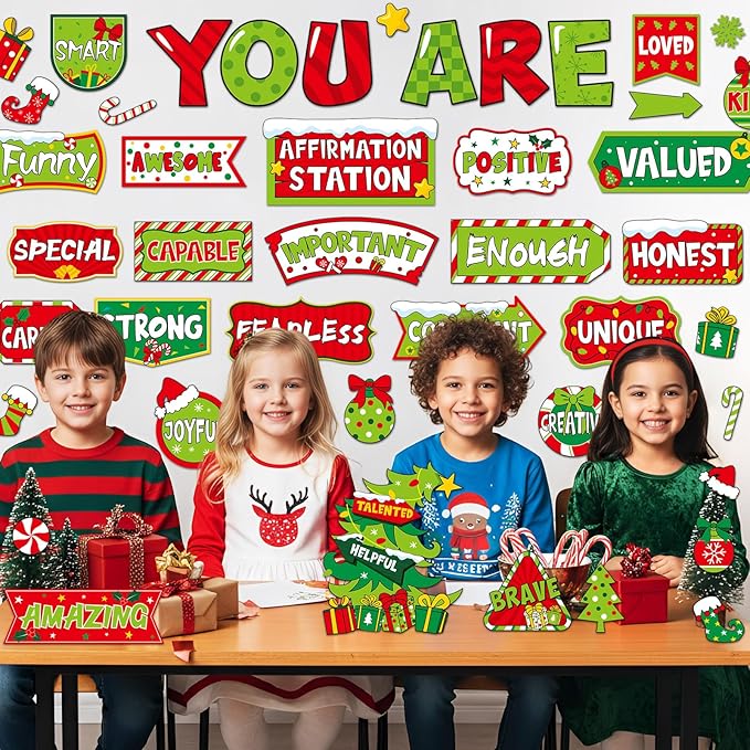45pcs Bulletin Board Set Motivational Posters Classroom Mirror Growth Mindset Decor Positive Affirmations Accents Cutouts for School Office Home Teacher Wall (Green Christmas)