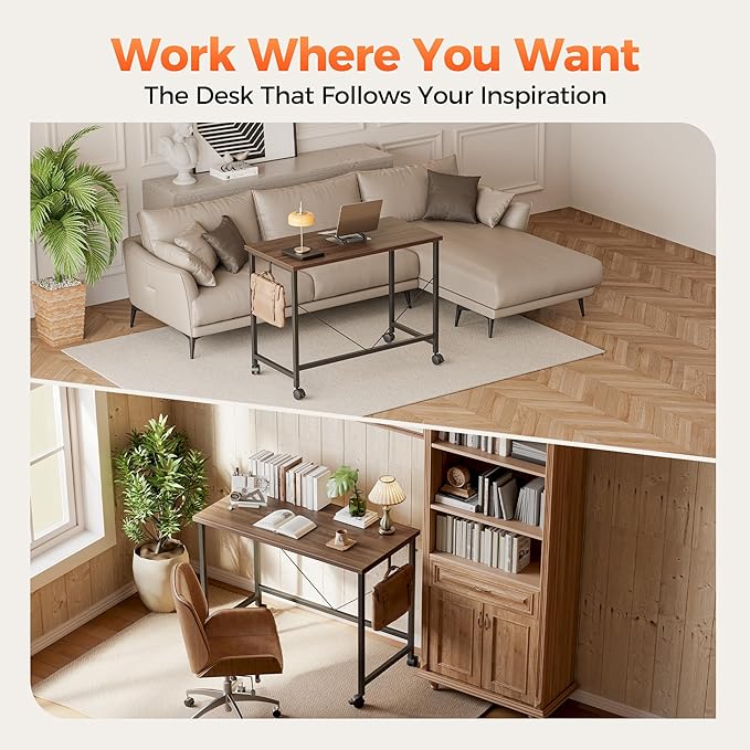 Mericonia 40 inch Rolling Computer Desk with Wheels, Gaming Desk for Small Spaces, Modern Simple Style Table for Home Office, Study Writing Table
