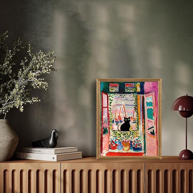 Fantasy Artists Henri Matisse Cat Wall Art, Framed Open Window Black Cat Canvas Poster Prints, Abstract Aesthetic Wall Decors for Living Room, Oil Paintings for Room Bathroom Decorations 8" X 10"