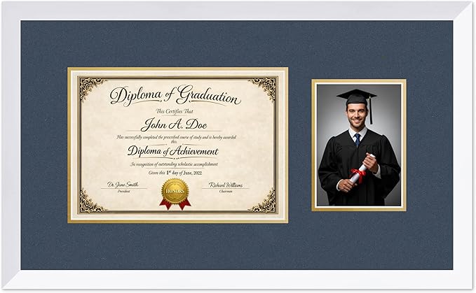 Diploma Frame With Photo Opening Bright White Navy Blue Over Gold Mat - Fits 11.69 x 8.27 Degree and Picture Made in the USA