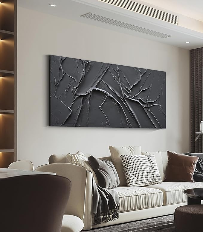 NANKAI Hand-Painted Thick Texture Black Minimalist Oil Painting 30x60 Inch Large Contemporary Art Oil Painting, Home, Office Wall Decorative Art