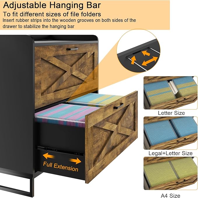 2 Drawer Lateral File Cabinet, Filing Cabinet with Charging Station for Letter/Legal/A4 Size Hanging Files, Modern Farmhouse File Cabinet for Home Office, Printer Stand with Storage, Brown and Black