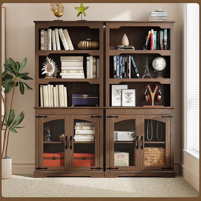 Tall Bookcase, 70 inch Height, 5-Tier Open Storage Shelf, 31.5 in Wide Standing Bookshelves for Home, Office, Bedroom, School, Library, 31.5W * 11.81D *70H (Walnut, Glass Door)