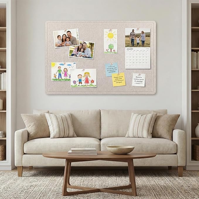 AKTOP Bulletin Board, 24" x 36" Foldable Felt Notice Pin Board for Wall, Decorative CorkBoard Photo Display Board with Self-Adhesive Tape, Vision Board Cork Board Alternative with 25 Pushpins - Latte