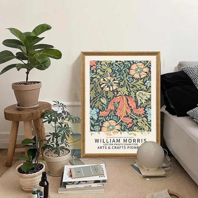 SYWENNOI 3 Pieces William Morris Textured Canvas Wall Art, Green Blue and Beige Botanical Designs Wall Decor, Vintage Floral Art Prints for Living Room Bedroom Home Decoration 12x16 Inch Wood Frames