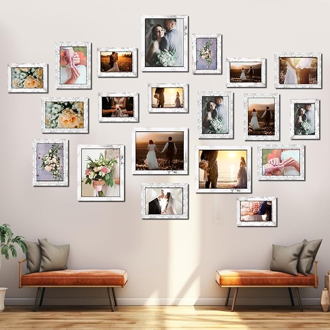 Namalu 20 Pcs Gallery Wall Frames Set Rustic Picture Frames Collage Assorted Photo Wall Decor Pack for Hanging or Tabletop Display Multi Sizes with 8 x 10, 5 x 7, 4 x 6 (White)