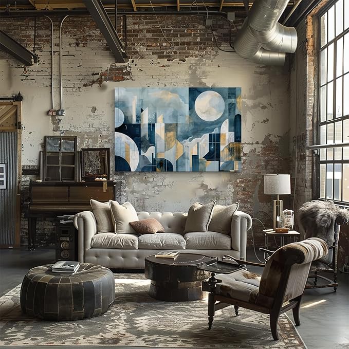 gaosoul Modern Abstract Canvas Wall Art Blue Artistic Cityscape Geometry Paintings Framed Minimalism Stylish Artwork Prints for Living Room Bedroom Office Decor 48x32in