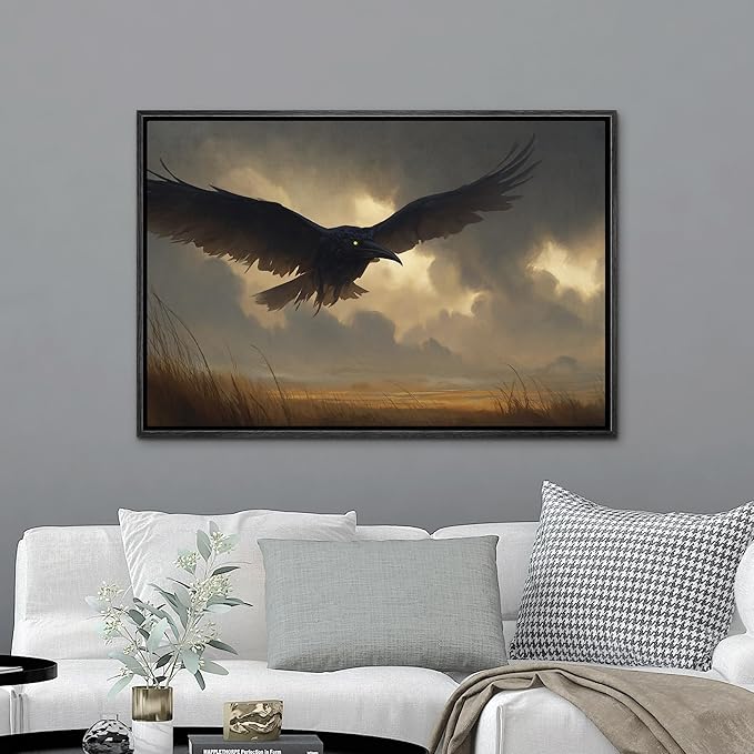 MUDECOR Framed Canvas Print Wall Art Majestic Crow Flying Through Stormy Skies Illustrations Minimalism Decorative Relax Colorful for Living Room, Bedroom, Office - 16"x24" BLACK