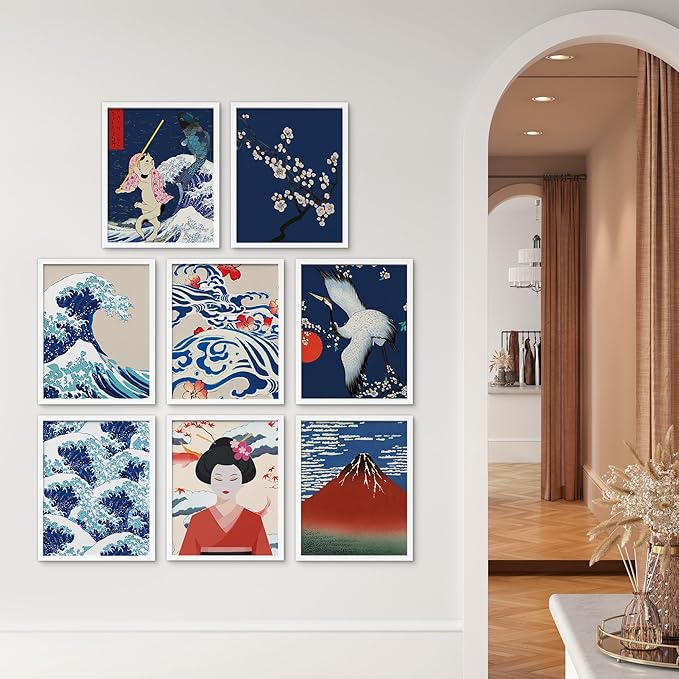 SIGNWIN Framed Poster Bathroom Decor, Wall Art Room Decor Multicolor for Living Room, Bedroom, Office Japanese Great Wave Ukiyo-e Nature Landscapes Vintage Bohemian - 8"x10"x 8 White