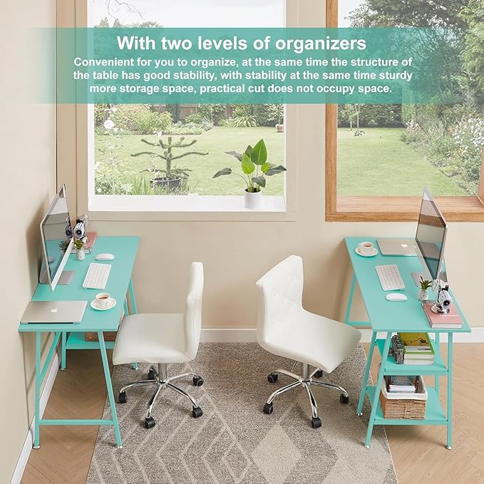VECELO 43 Inch Computer Desk Writing Study Work Office Table Modern Desk with Shelves Wooden Desk for Home Bedroom,Blue Desk