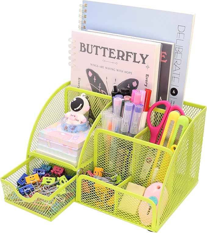 Boutilon Mesh Desk Organizer Desktop Office Supplies Stationary Organizer with 6 Compartments and 1 Drawer Multi-Functional Caddy Pen Holder for Home Office School Desk Decor(Fruit Green)