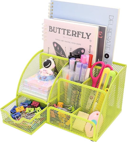 Boutilon Mesh Desk Organizer Desktop Office Supplies Stationary Organizer with 6 Compartments and 1 Drawer Multi-Functional Caddy Pen Holder for Home Office School Desk Decor(Fruit Green)