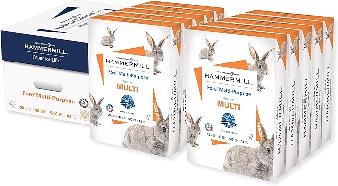Hammermill A4 Paper, Fore Multipurpose 20 lb Printer Paper - 10 Ream (5,000 Sheets) - 96 Bright, Made in the USA, 103036C