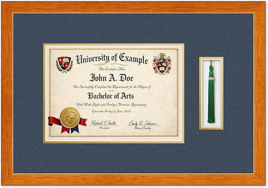 Diploma and Tassel Frame Fits 11.69 x 8.27 A4 Certificate with Tassel Hook Honey Oak Genuine Hardwood Shadowbox with Navy Blue Over Metallic Gold Double mat