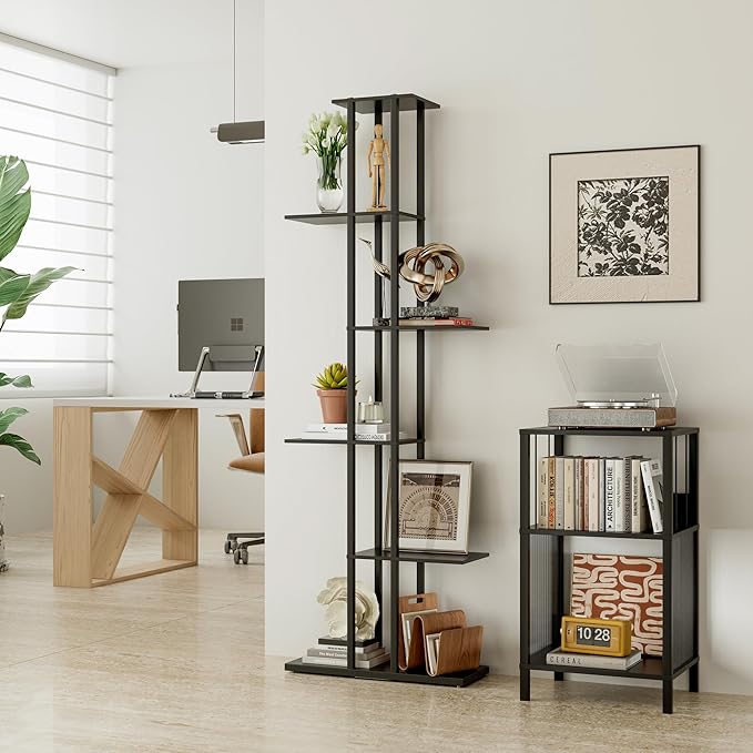 6 Tier Corner Bookshelf，Slim Open Bookshelf，Small Book Shelf for Small Spaces，Living Room, Home Office, 9.45 x 20.8 x 62.2 Inches,（1PC+Rustic Borwn