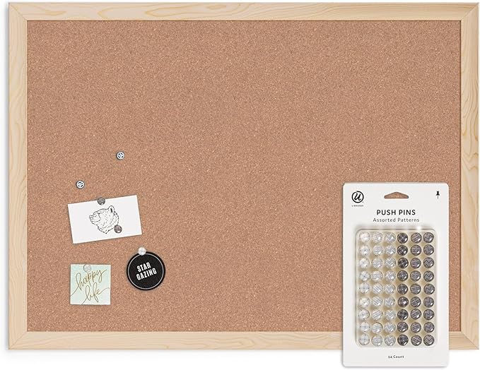U Brands Vision Board Supplies Bundle, 24" x 18" Birch Wood-Style Frame Cork Bulletin Board & Set of 54 Push Pins in Assorted Styles