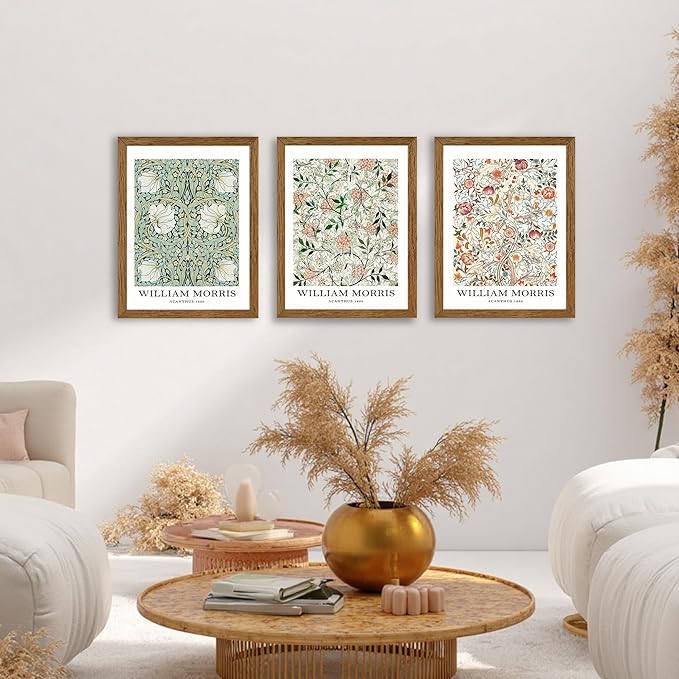 InspiredHues 3 Pieces William Morris Classic Canvas Wall Art, Green Pink and White Floral Design Wall Decor, Vintage Botanical Art Prints for Living Room Office Home Decoration 12x16 inch Wood Framed