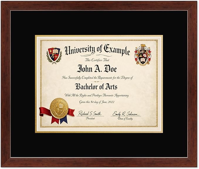 CountryArtHouse Diploma Frame Fits 13 x 10 College Diploma (Traditional) - Keepsake Graduation Display Rustic Walnut Genuine Hardwood with Black Over Metallic Gold Double mat