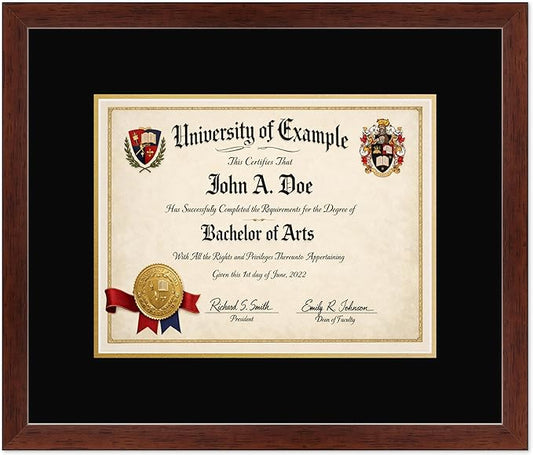 CountryArtHouse Diploma Frame Fits 13 x 10 College Diploma (Traditional) - Keepsake Graduation Display Rustic Walnut Genuine Hardwood with Black Over Metallic Gold Double mat